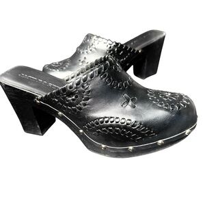 Jack Rogers Clogs Black Ali Whipstitch Platform Wood Size 8 EU 38 Studs Mules